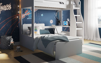 A cozy, space-themed children's bedroom with a Flair Cosmic L Shaped Bunk Bed with Shelving, starry wall decor, and space exploration accessories.