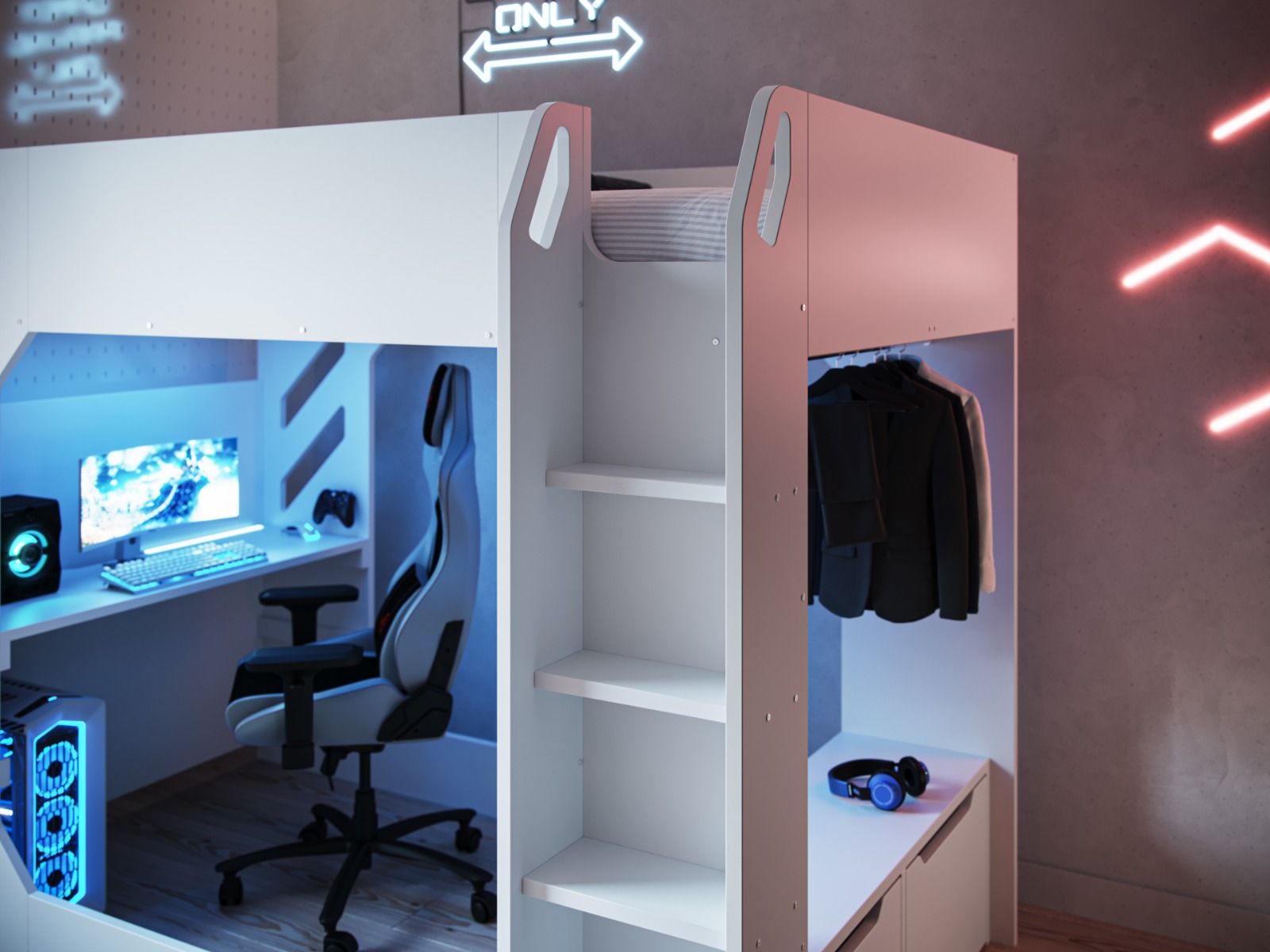 Modern home office setup with a sleek Recoil Shuttle LED Gaming High Sleeper Single, featuring an integrated workstation below, ambient lighting, and organized shelving.