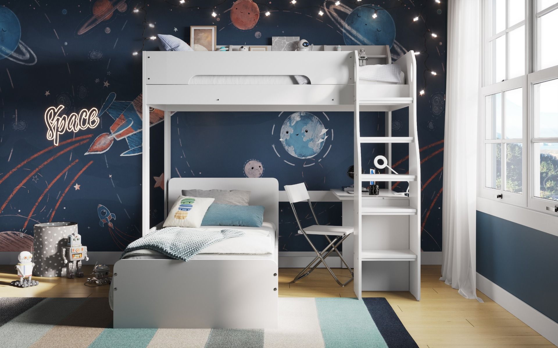 A cozy, space-themed children's bedroom with a Flair Cosmic L Shaped Bunk Bed with Shelving, featuring a multi-functional design that includes a study area below, set against a starry wallpaper backdrop.