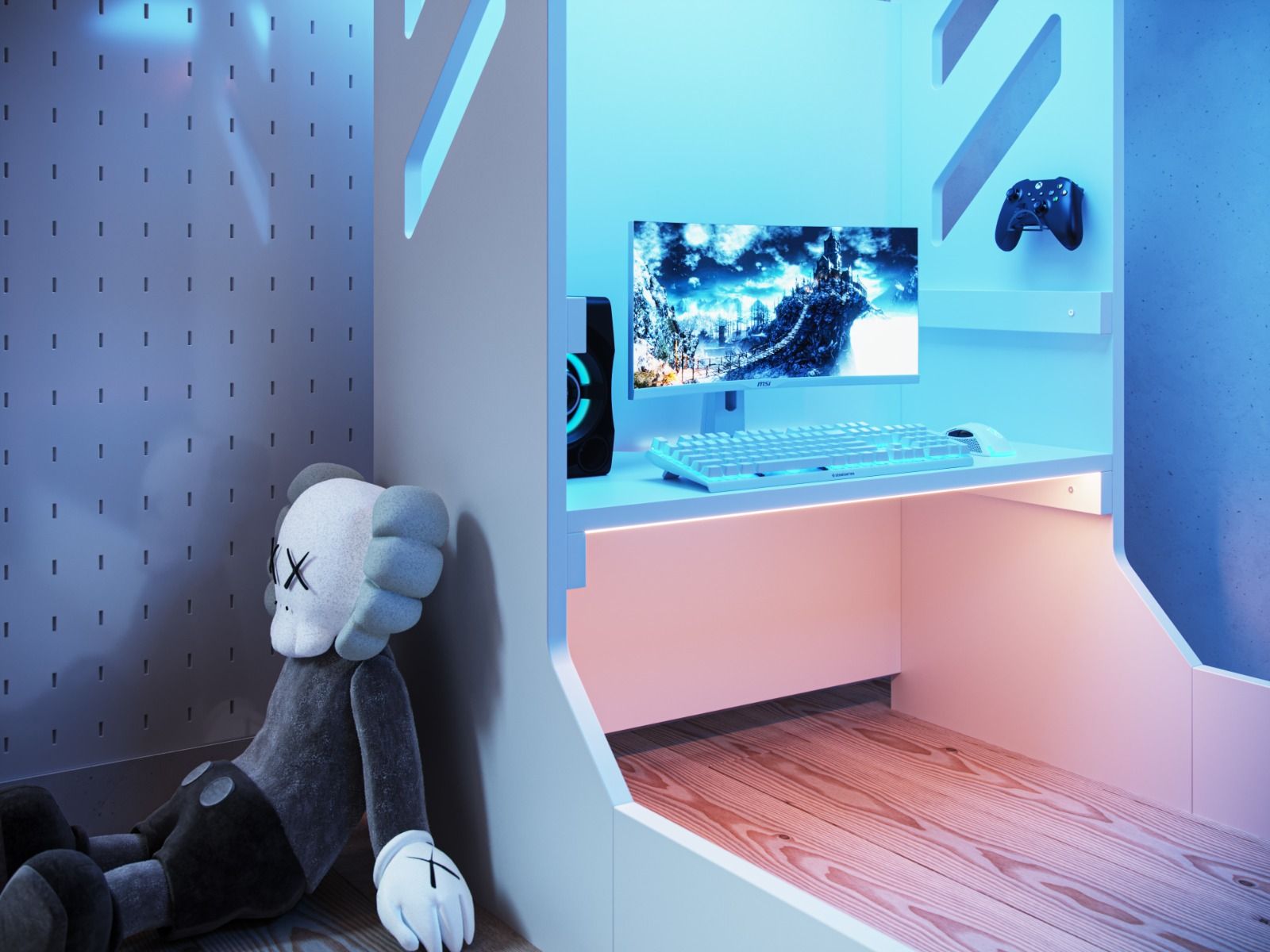 A modern and cozy Recoil gaming corner with a plush toy, featuring cool blue LED lighting, a sleek white desk made of particle board, gaming peripherals, and a vibrant screen displaying an immersive game environment.