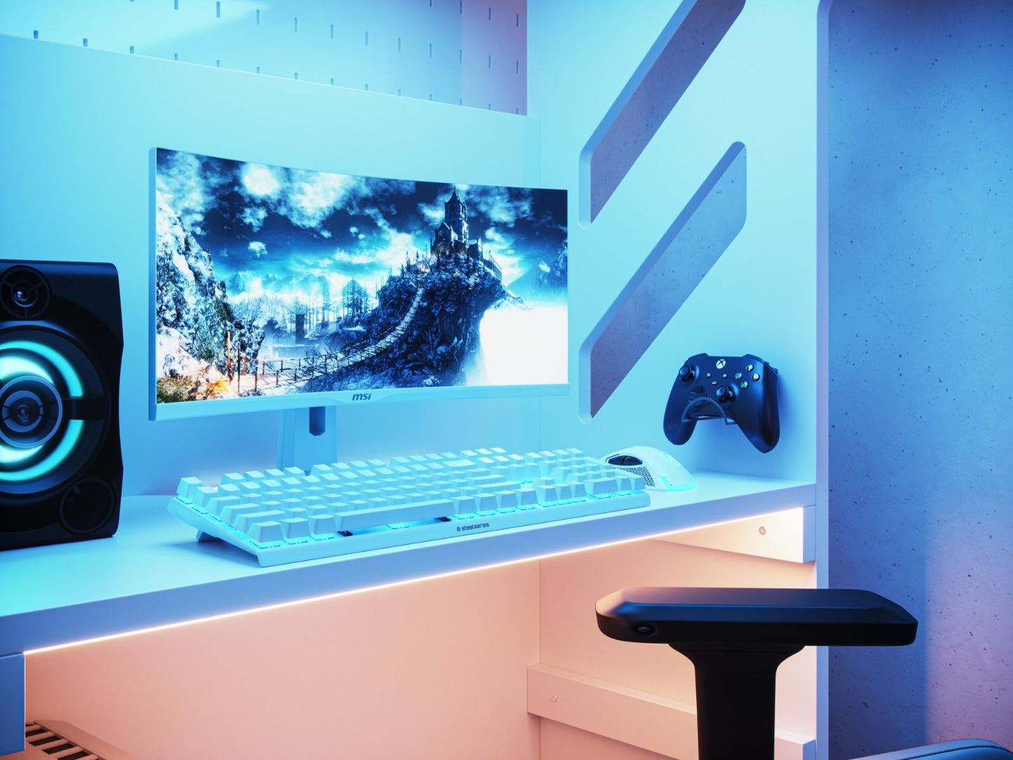 A sleek and modern Recoil gaming bed setup bathed in cool blue light, featuring a large monitor with a fantasy game landscape, a white mechanical keyboard, a gaming controller, and a dynamic speaker, ready for.