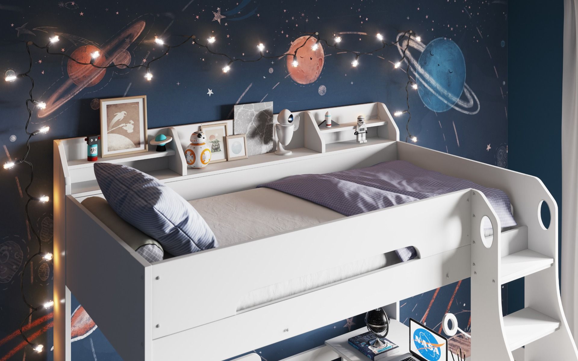 A cozy and imaginative children's bedroom with a space theme, featuring a starry wall with planets and a rocket, adorned with string lights. This room showcases the multi-functional Flair Cosmic L Shaped Bunk Bed with Shelving that cleverly maximizes space.