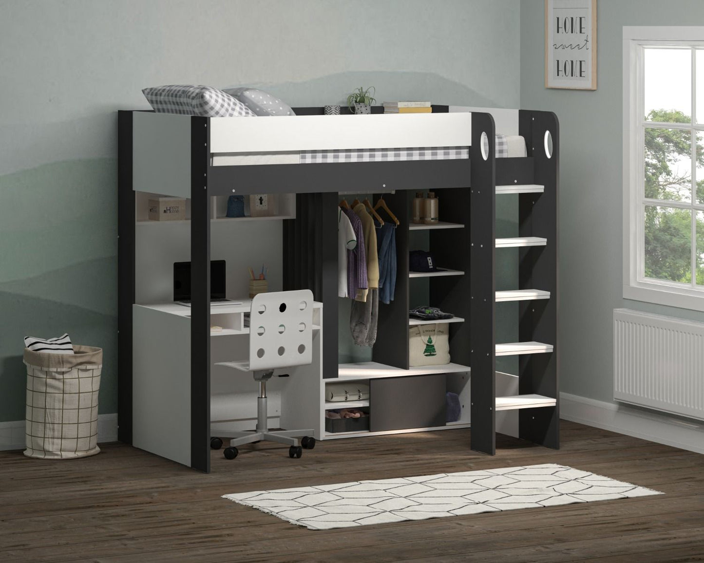 A modern Flair Hampton High Sleeper with Storage and Optional Desk, set in a clean and organized teen's bedroom.