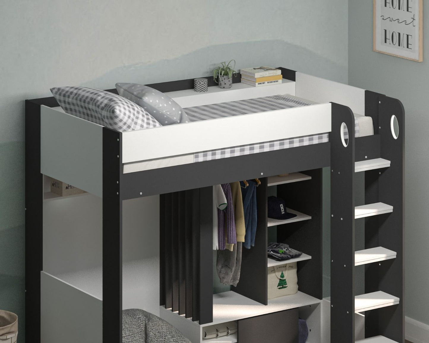 Flair Hampton High Sleeper loft bed with integrated wardrobe and shelves, offering a smart space-saving solution and ample storage for small bedrooms.