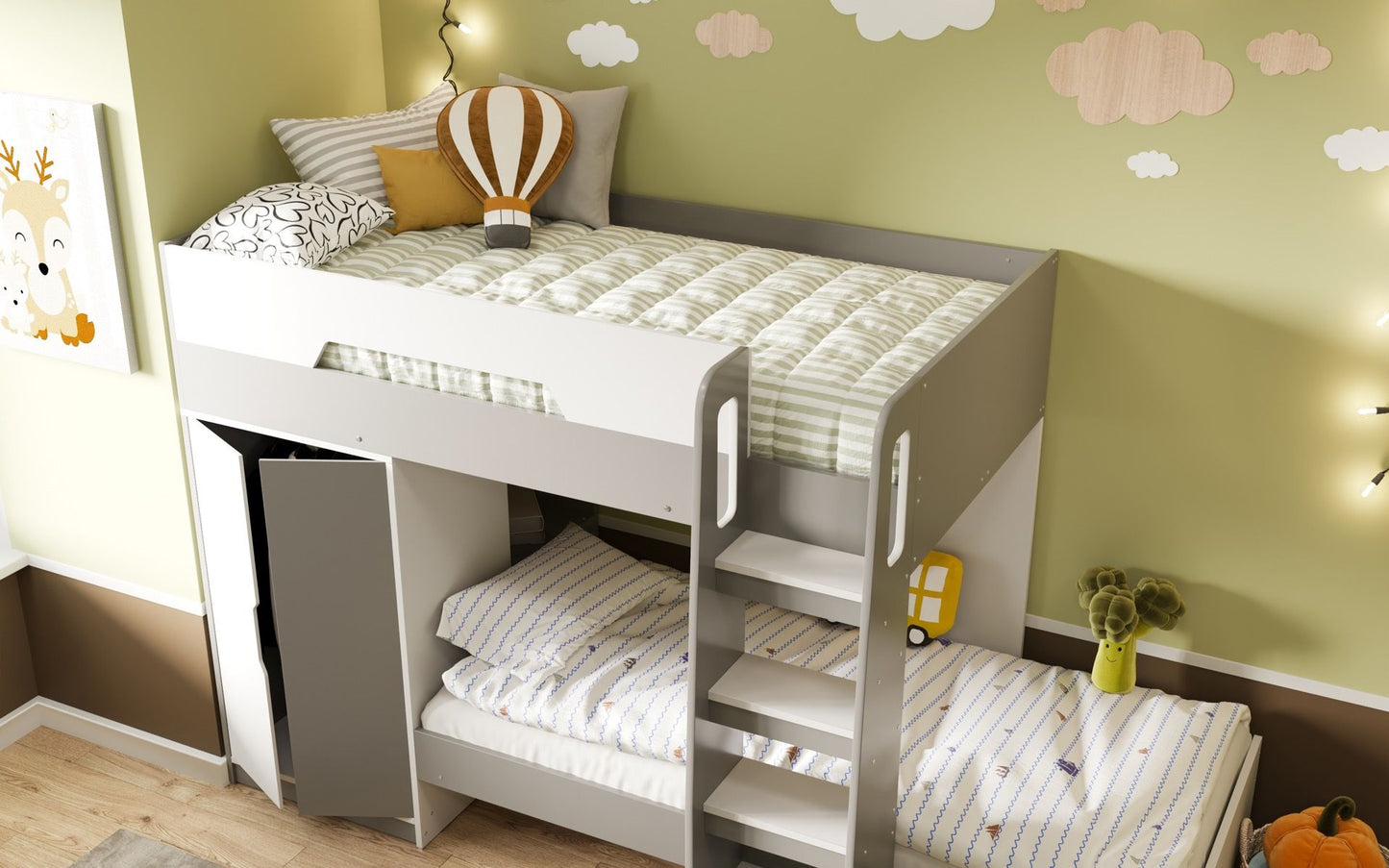 Flair Furnishings Benito Bunk Bed with Wardrobe White and Grey