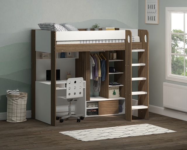 A modern Flair Hampton High Sleeper with Storage and Optional Desk, set in a neatly arranged room with a white chair and decorative elements, creates a functional and cozy small.