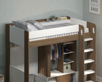 A modern and space-saving Flair Hampton High Sleeper bed with integrated shelving and ample storage, perfect for compact living.